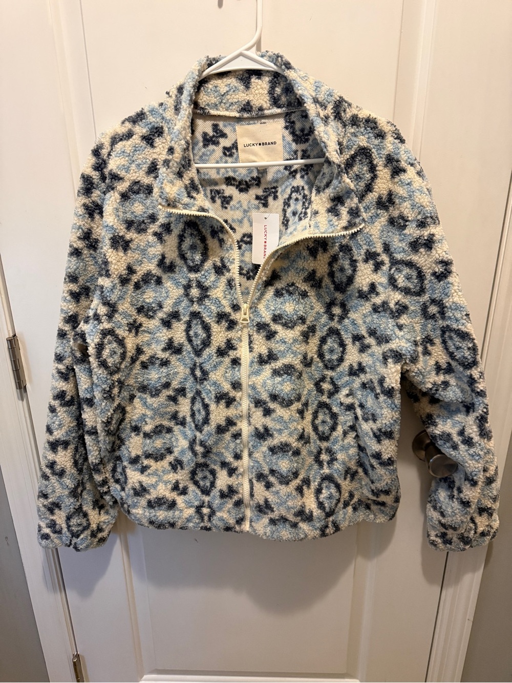 Lucky Brand Cream and Blue Patterned Sherpa Zip Jacket